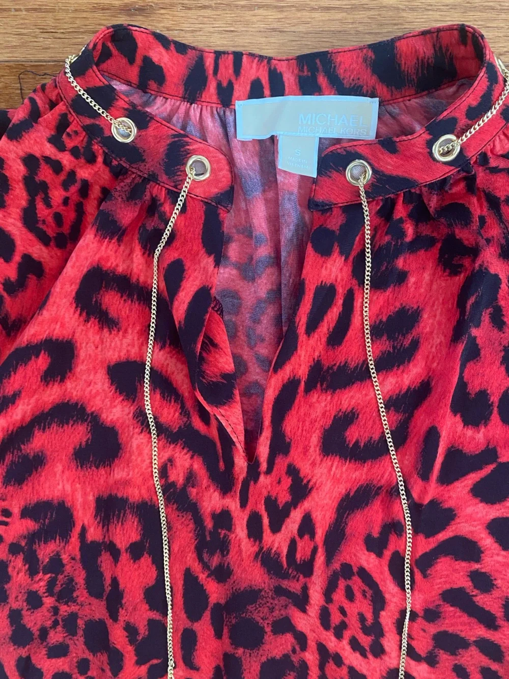 Michael Kors Red Leopard Print Chain Neck Sheath Dress Long Sleeve Sz S